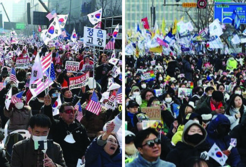 사진 (왼쪽) 지난 1일 대한민국바로세우기운동본부 탄핵 반대 국민대회 현장. (오른쪽) 지난 1일 윤석열 대통령 탄핵 촉구 집회에 자리한 참가자들