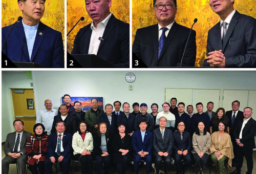 1 .Keynote Speaker 샘신목사, 2. Unify Korea Prayer Movement 팀 장 교수, 3. Keynote Speaker 이창남목사와 사회를 맡은 허버트홍 선교사, 4. 올해로 80주년을 맞는 815광복절 남가주 연합 기도회 준비를 위해 참석한 관계자들이 기념촬영을 하고 있다. 맨 오른쪽 앞줄이 Unify Korea Prayer Movement 의 팀 장 교수